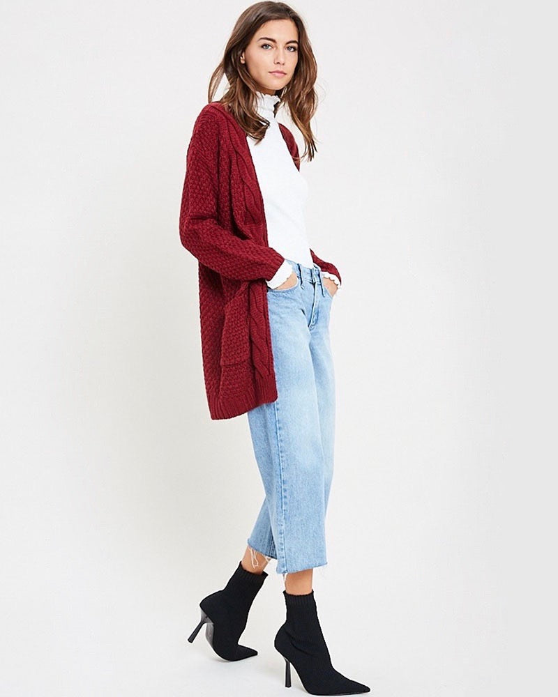 Long sleeve low gauge open knit wishlist cardigan sweater with pockets BURGUNDY