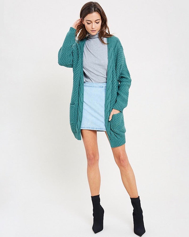 Long sleeve low gauge open knit wishlist cardigan sweater with pockets MIDNIGHT GREEN