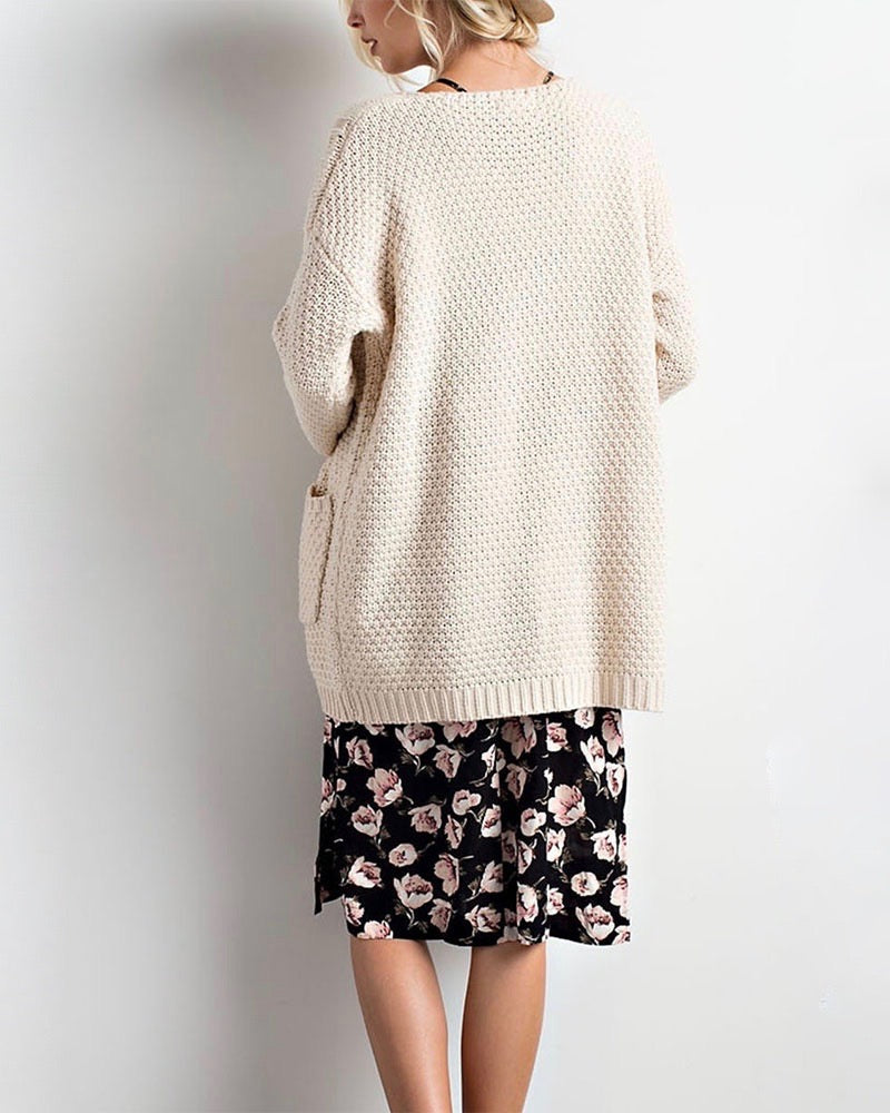 Long sleeve low gauge open knit wishlist cardigan sweater with pockets NATURAL