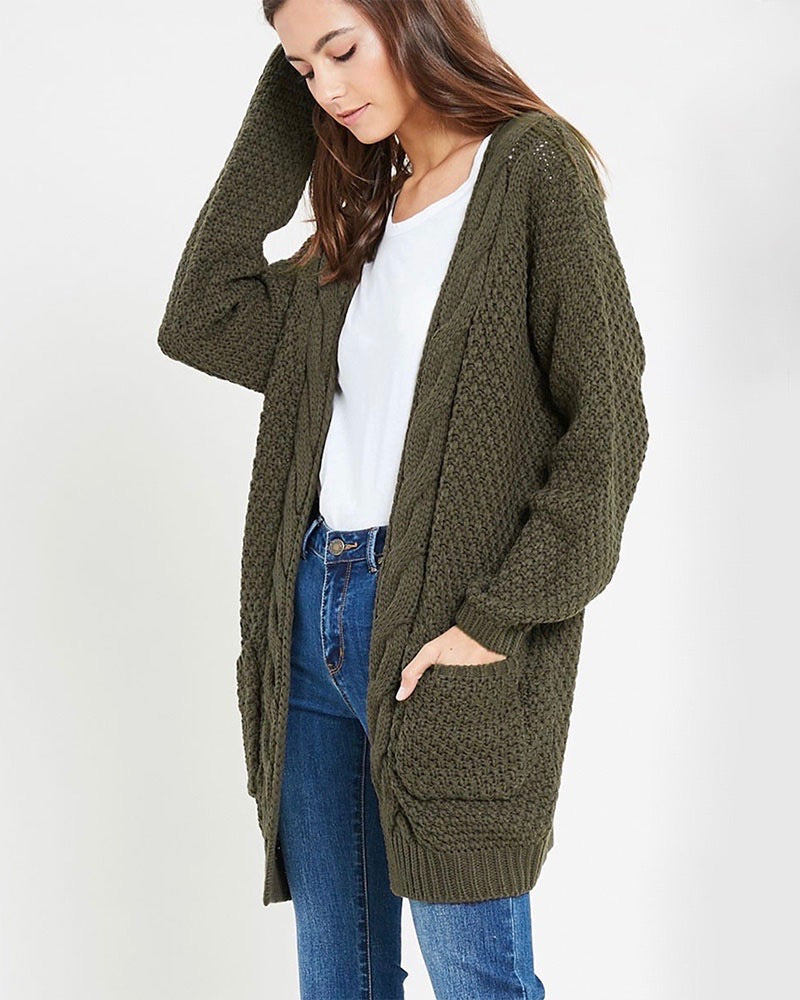 Long sleeve low gauge open knit wishlist cardigan sweater with pockets OLIVE