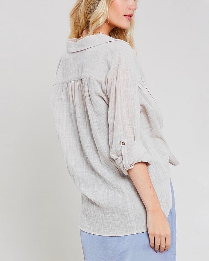 Linen Front Button Down Self-Tie Shirt in Shell