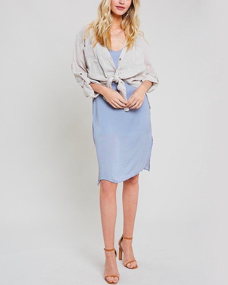 Linen Front Button Down Self-Tie Shirt in Shell