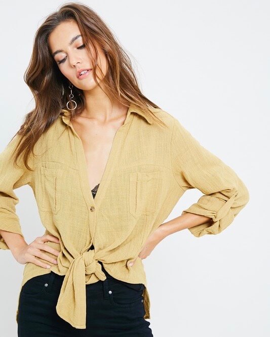 Linen Front Button Down Self-Tie Shirt in Mustard