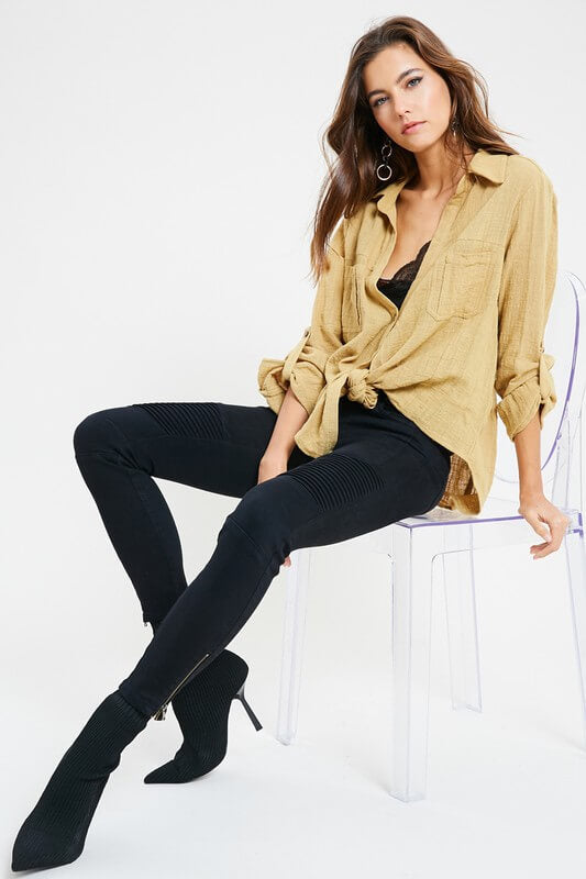 Linen Front Button Down Self-Tie Shirt in Mustard