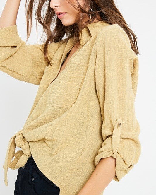 Linen Front Button Down Self-Tie Shirt in Mustard