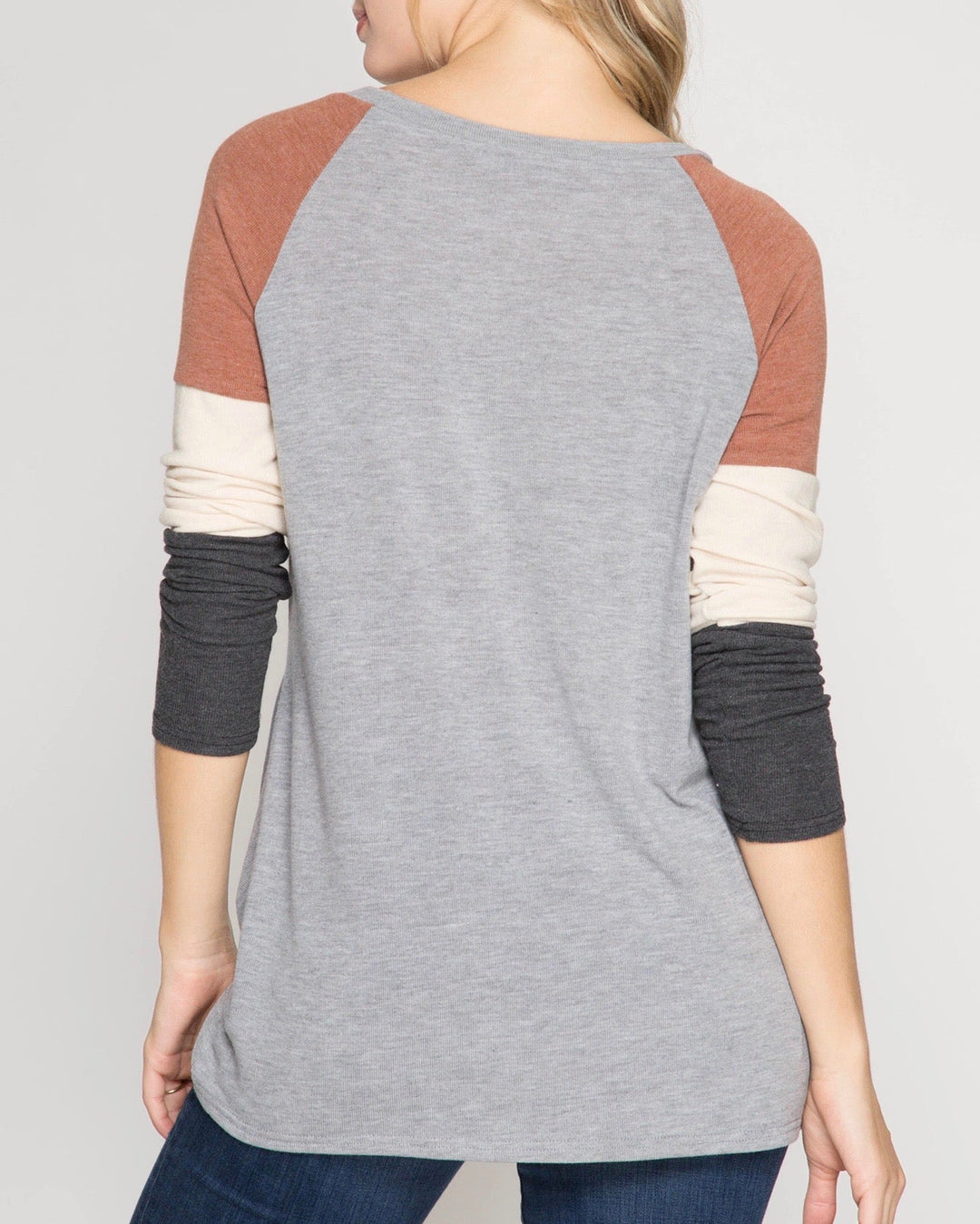Long Color Blocked Sleeve Top with Front Twist in Grey
