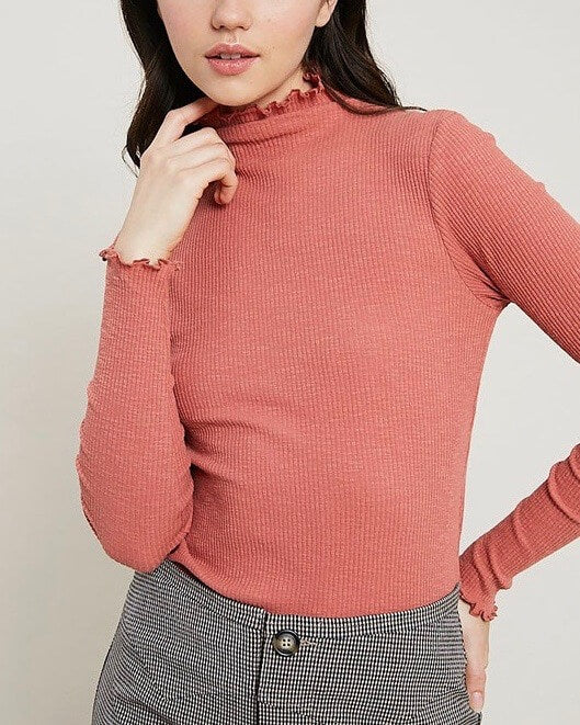 Long Sleeve Ribbed Mock Neck Knit Top in Brick
