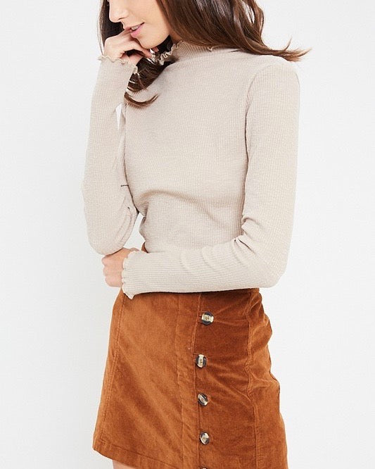 Long Sleeve Ribbed Mock Neck Knit Top in Stone