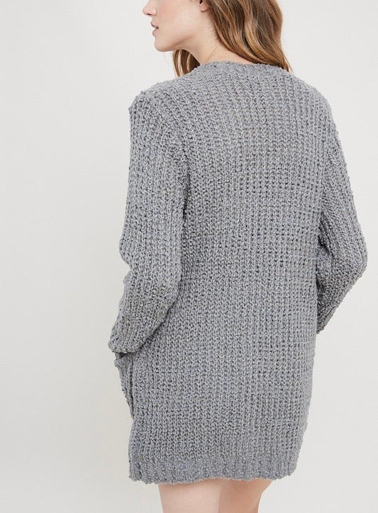 Textured Sweater Knit Long Sleeve Open Front Cardigan with Pocket in Grey