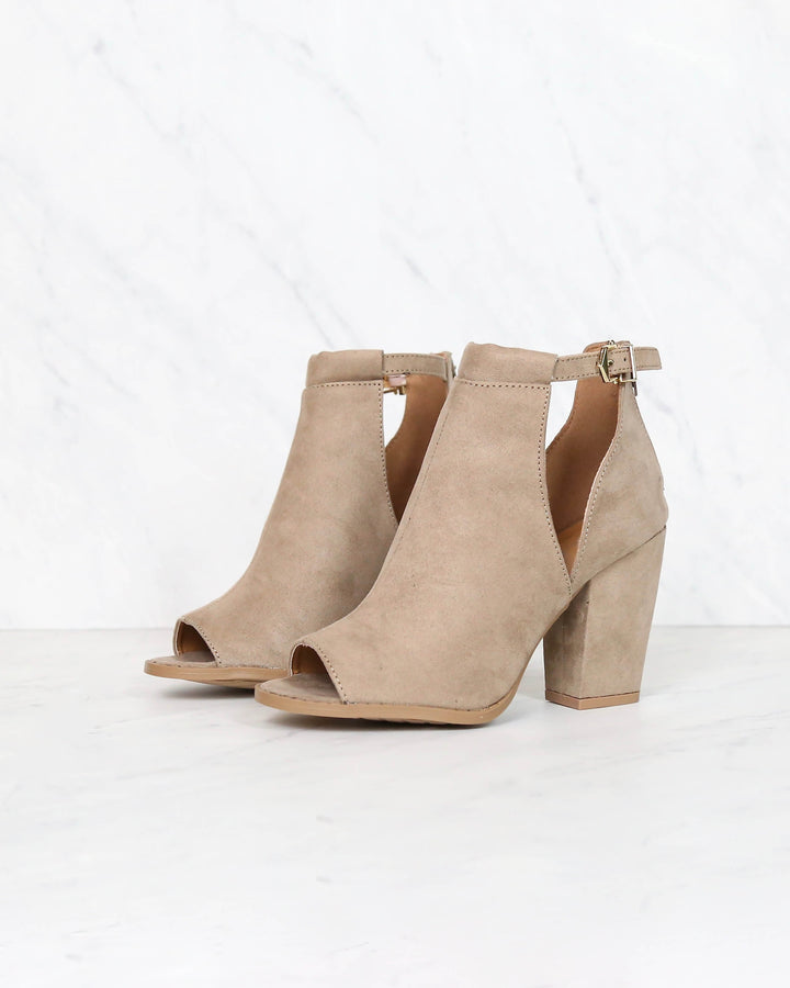 Final Sale - Vegan Suede Chunky Heeled Peep Toe Heels in Taupe
