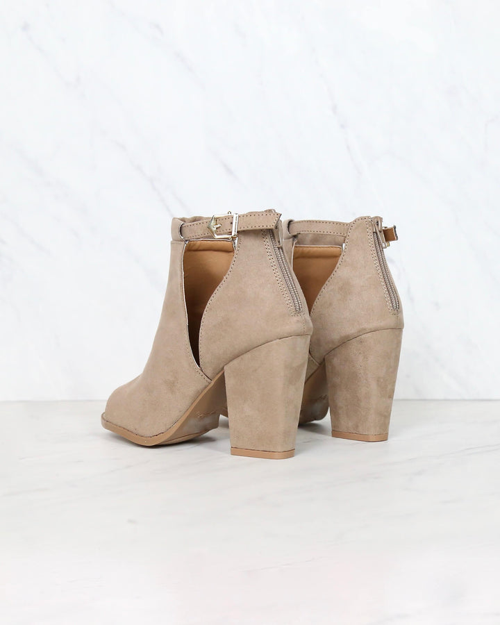 Final Sale - Vegan Suede Chunky Heeled Peep Toe Heels in Taupe
