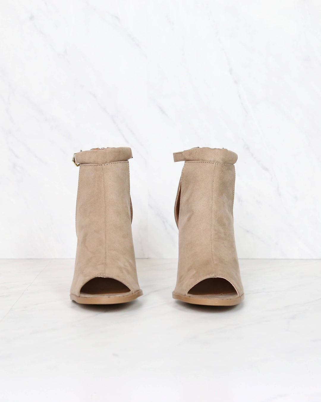 Final Sale - Vegan Suede Chunky Heeled Peep Toe Heels in Taupe