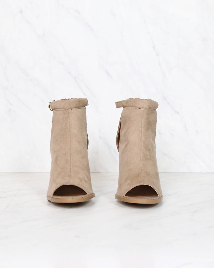 Final Sale - Vegan Suede Chunky Heeled Peep Toe Heels in Taupe