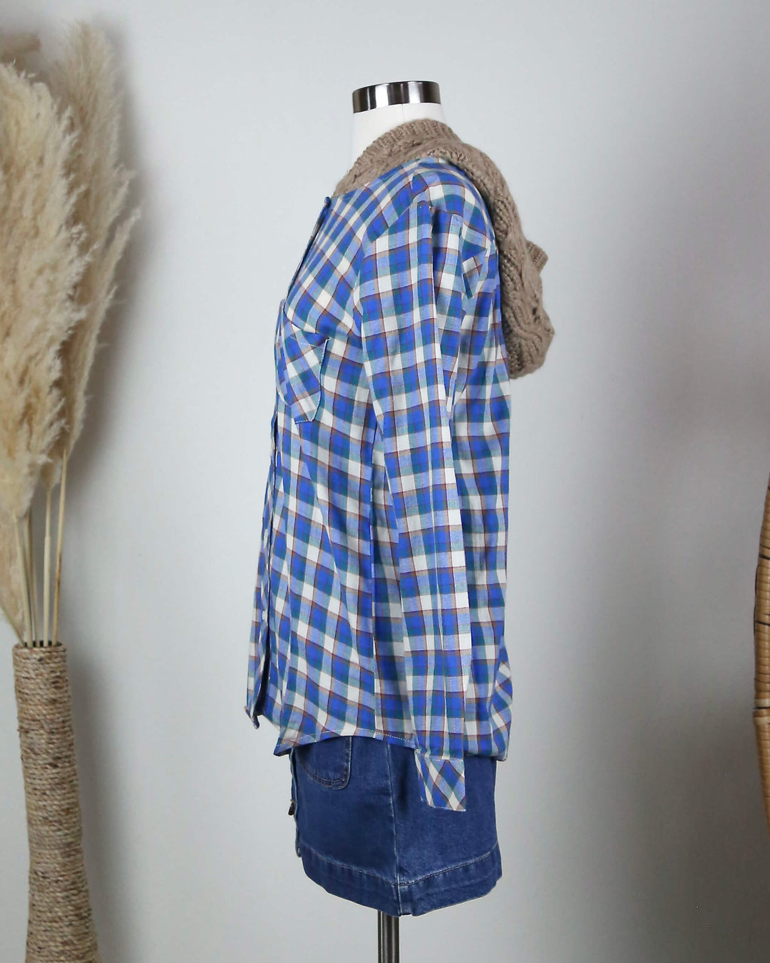 lovestitch Boyfriend Plaid Shirt with Knit Hood in Blue