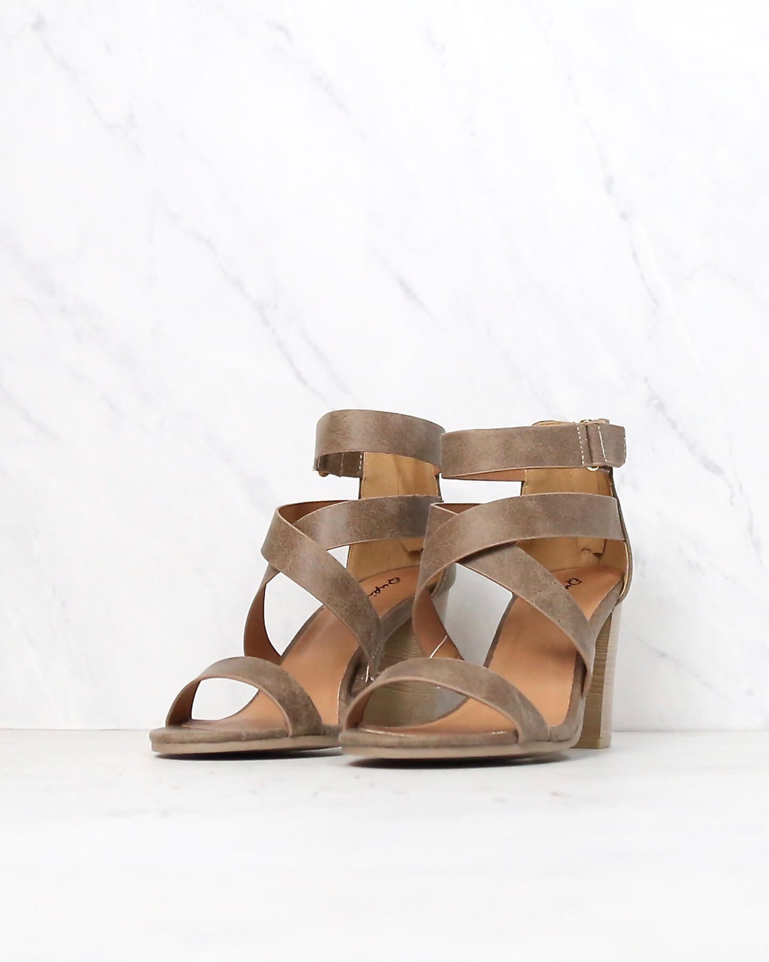 Lucite Vegan Strappy Block Heel Sandals in Taupe