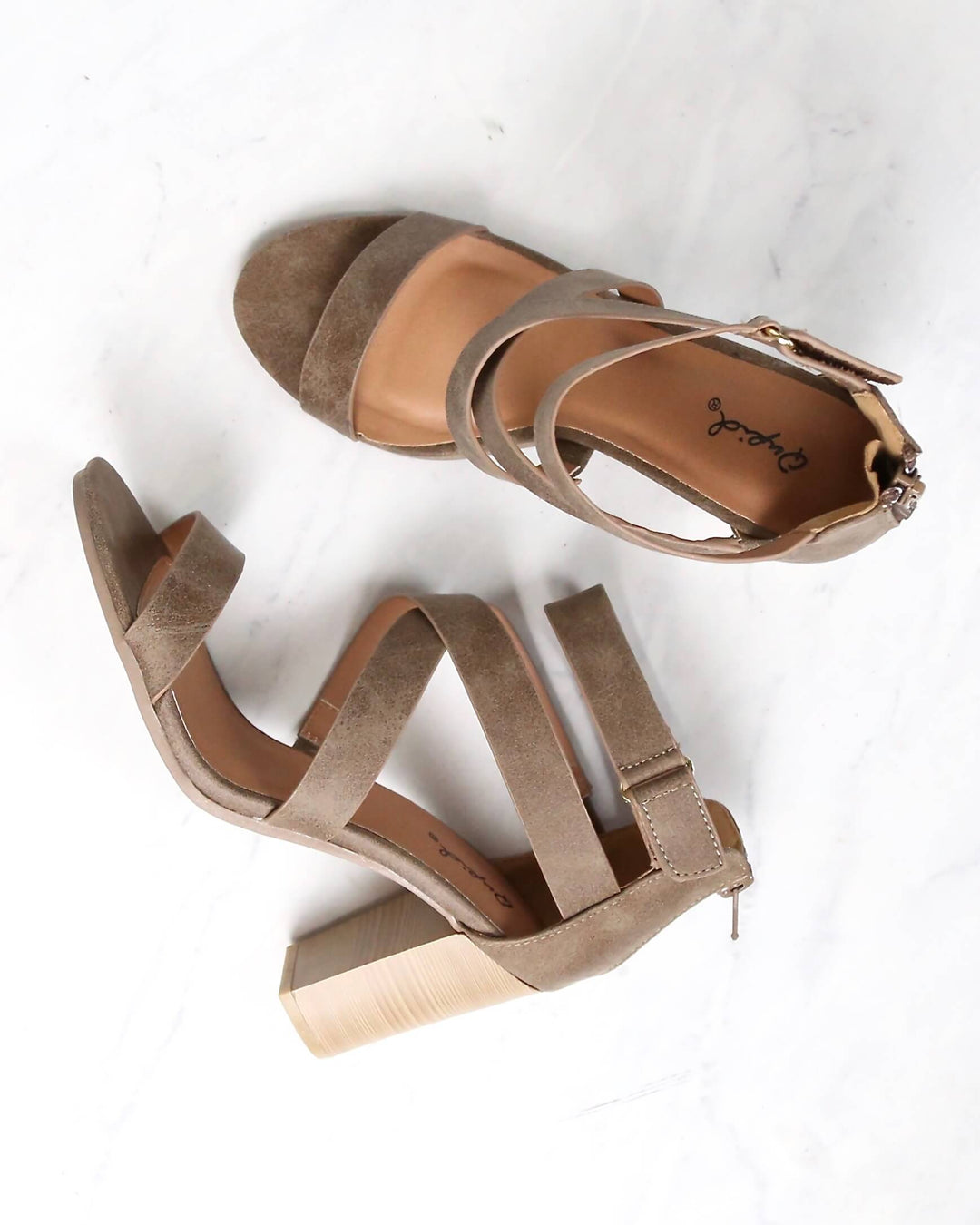 Lucite Vegan Strappy Block Heel Sandals in Taupe