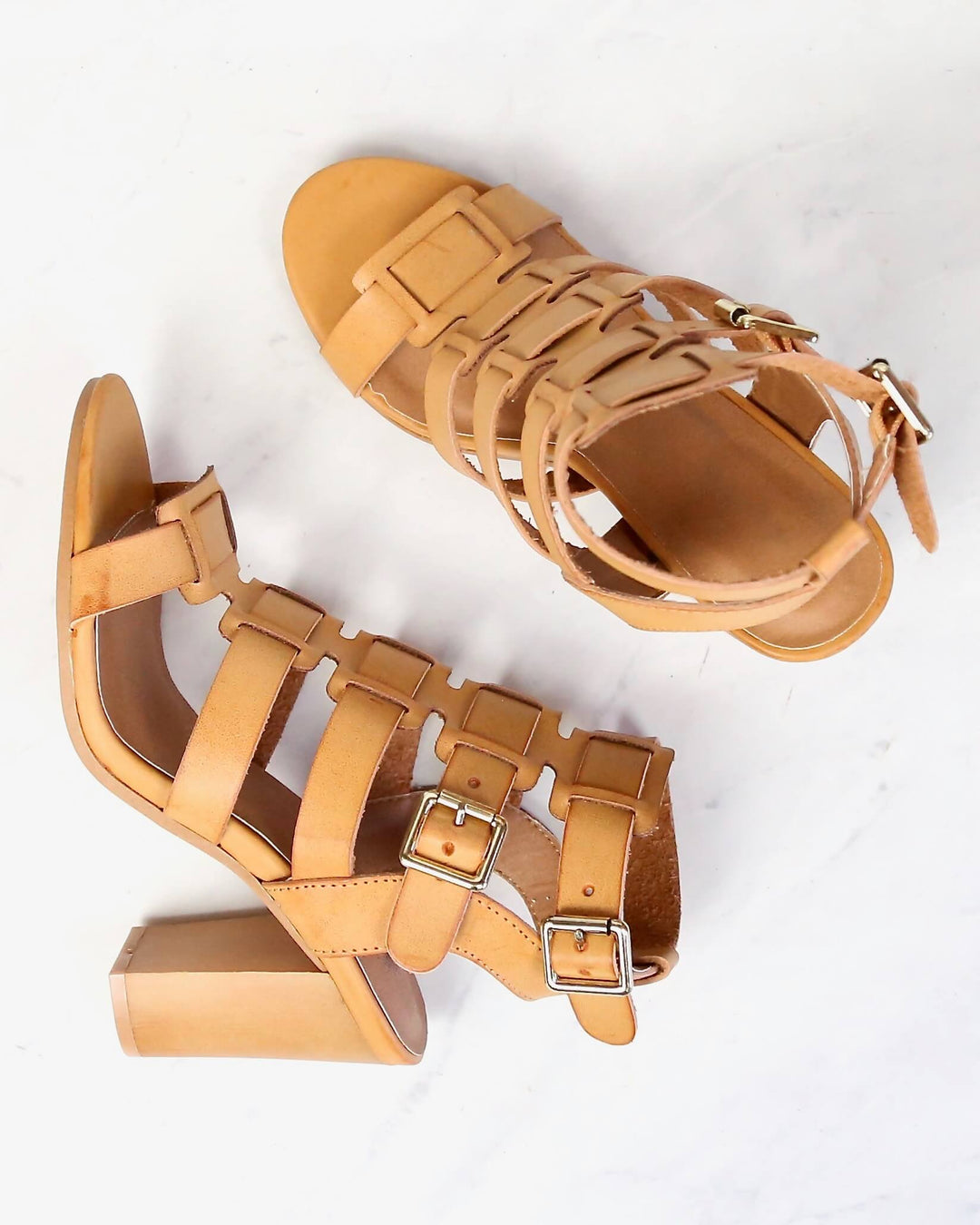 On The Go Double Buckle Sandal in Burnish Camel