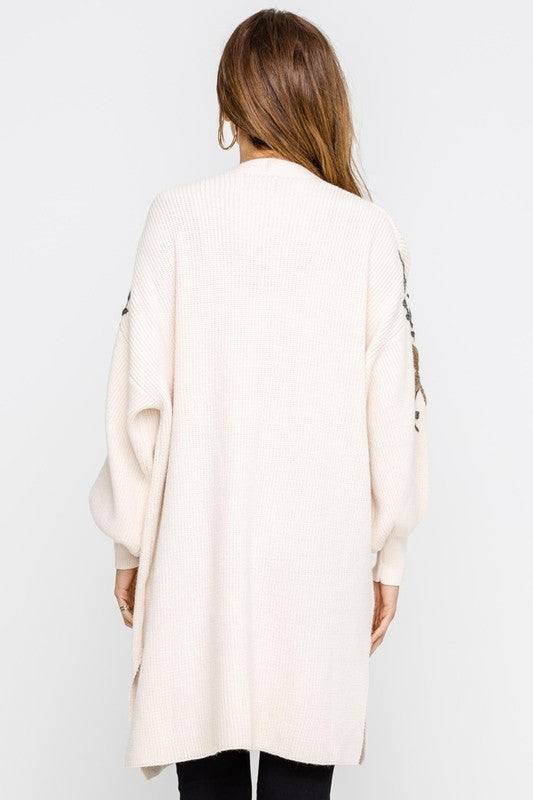 Lush Clothing - Open Front Darling Floral Embroidered Balloon Sleeve Knit Cardigan in Cream