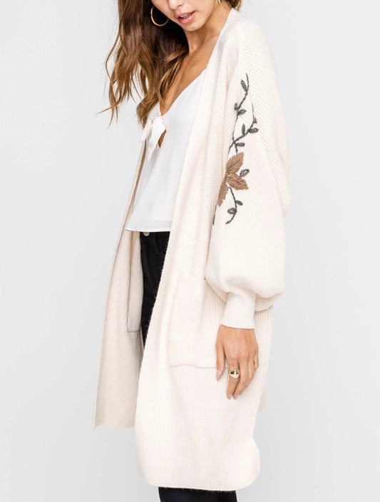 Lush Clothing - Open Front Darling Floral Embroidered Balloon Sleeve Knit Cardigan in Cream