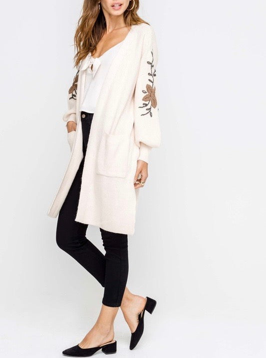 Lush Clothing - Open Front Darling Floral Embroidered Balloon Sleeve Knit Cardigan in Cream