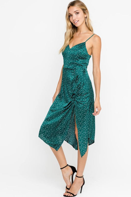 LUSH - Silky Dotted Sleeveless Drawstring Accent Cocktail Midi Dress in Green