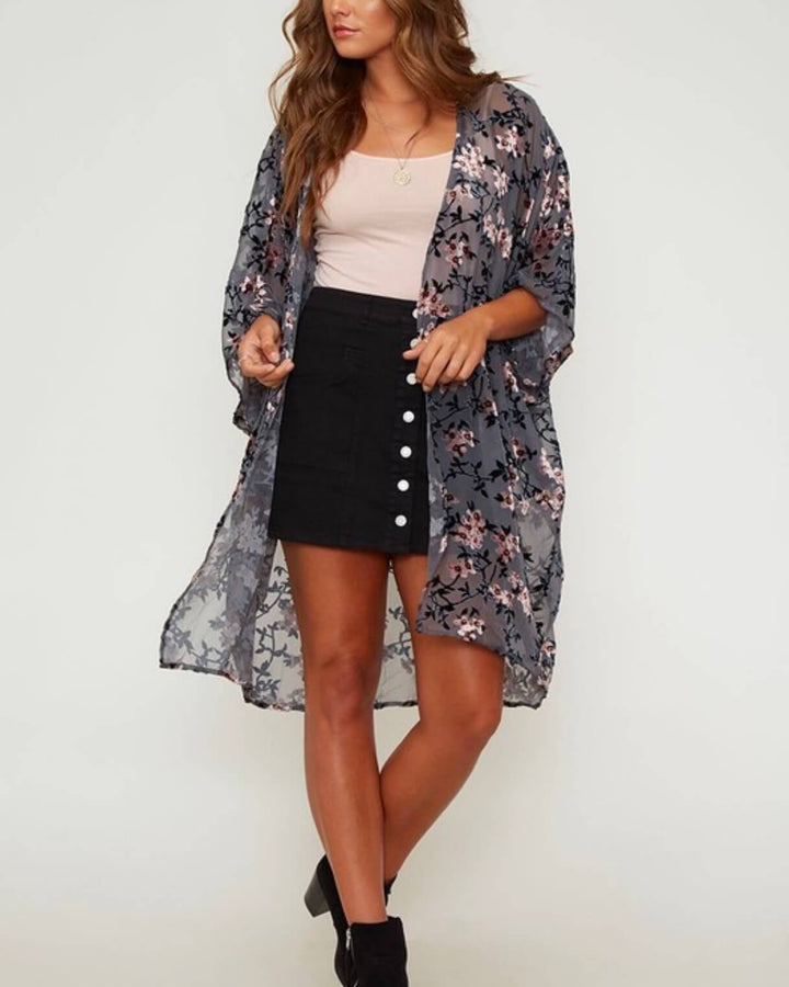 Luxe Sheer Velvet Floral Print Kimono in Grey