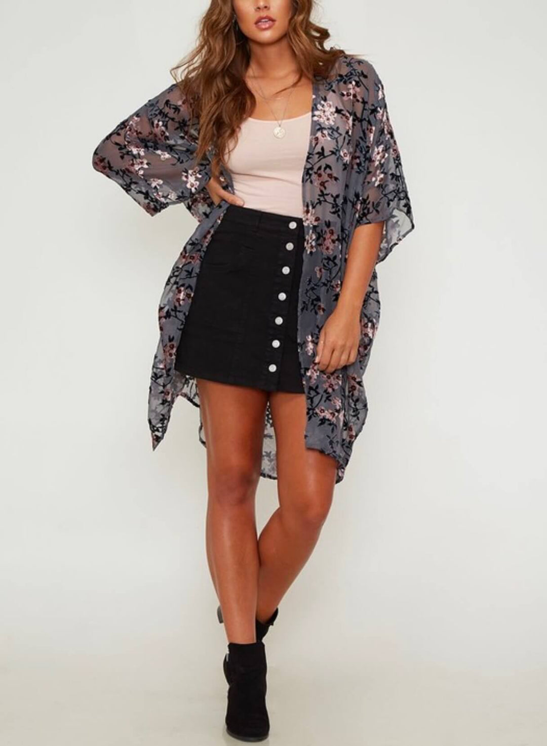 Luxe Sheer Velvet Floral Print Kimono in Grey