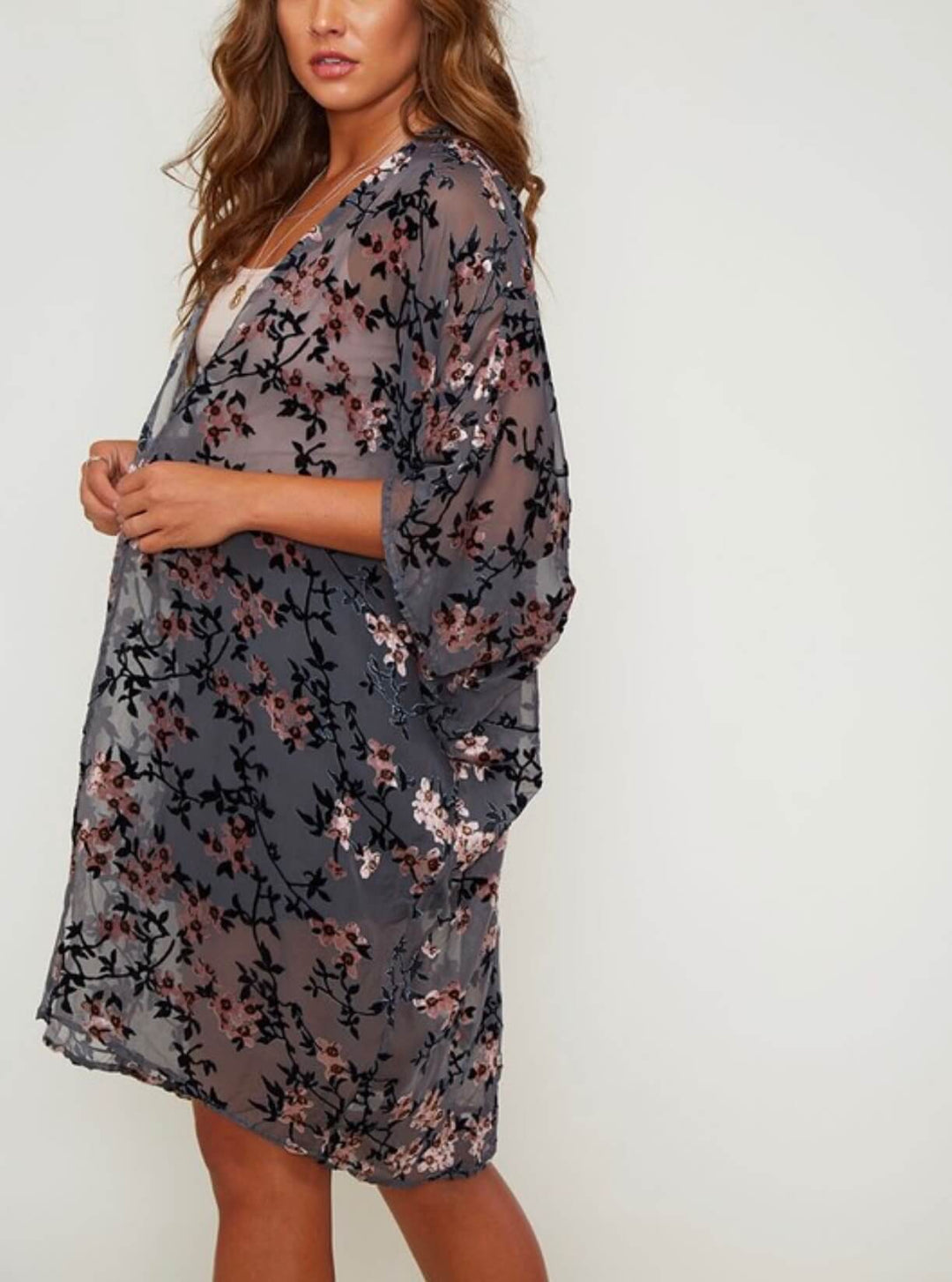Luxe Sheer Velvet Floral Print Kimono in Grey