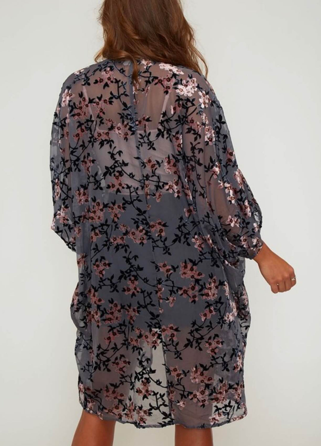 Luxe Sheer Velvet Floral Print Kimono in Grey