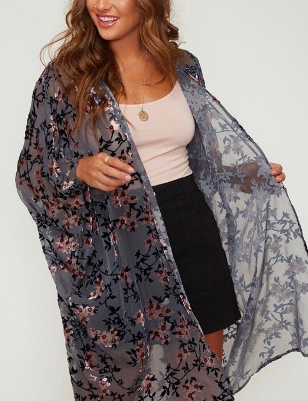 Luxe Sheer Velvet Floral Print Kimono in Grey