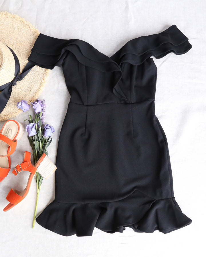 Making Wishes Off The Shoulder Ruffled Mini Bodycon Dress in Black