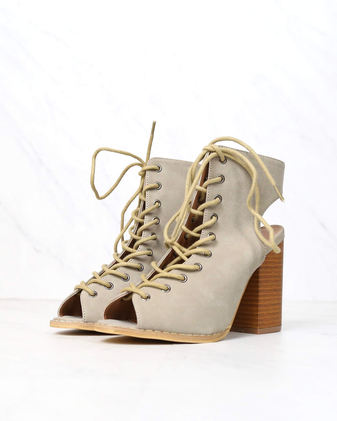 Minimalist Lace Up Peep Toe Heel in Beige