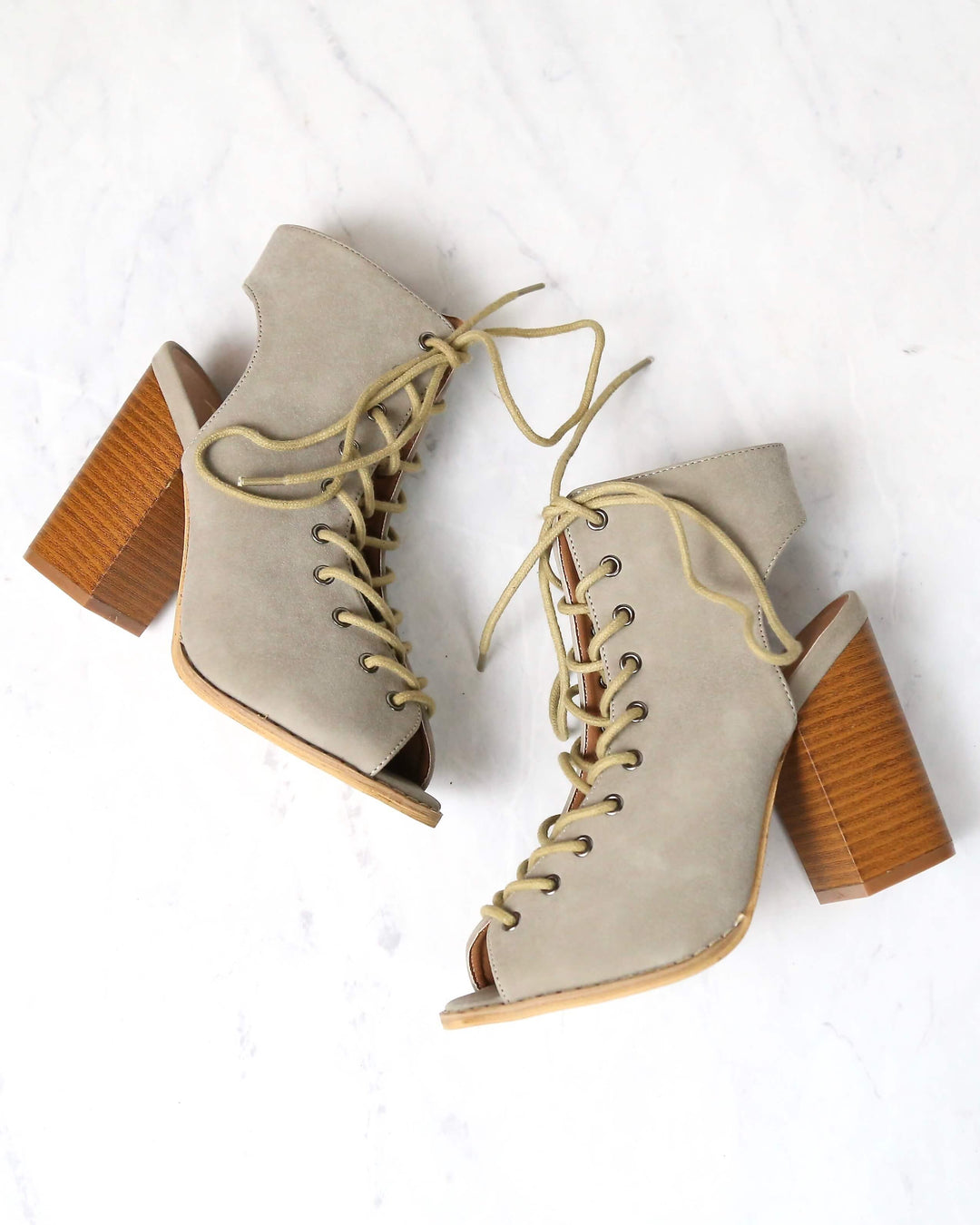 Minimalist Lace Up Peep Toe Heel in Beige