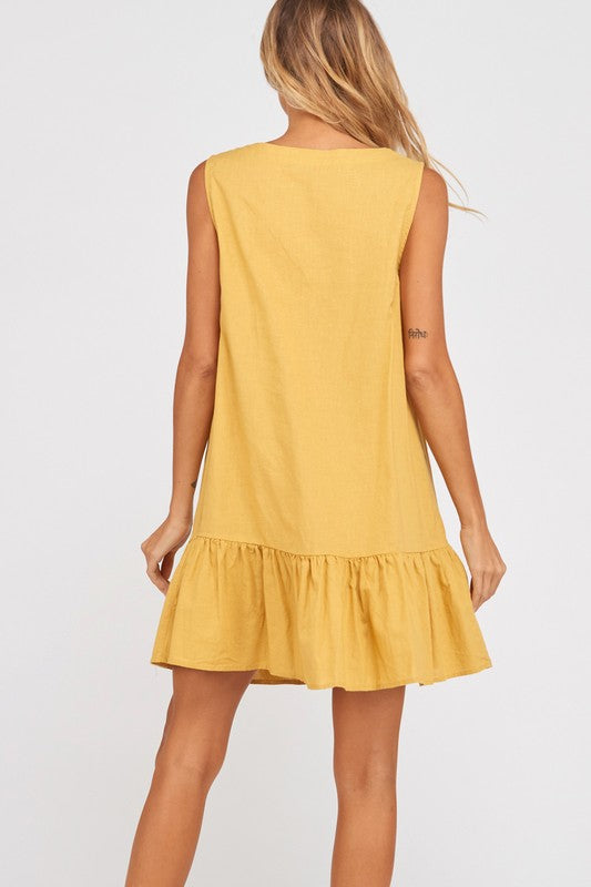 Sleeveless Buttoned Ruffle Hem Shift Dress in Mustard
