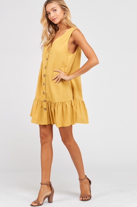 Sleeveless Buttoned Ruffle Hem Shift Dress in Mustard