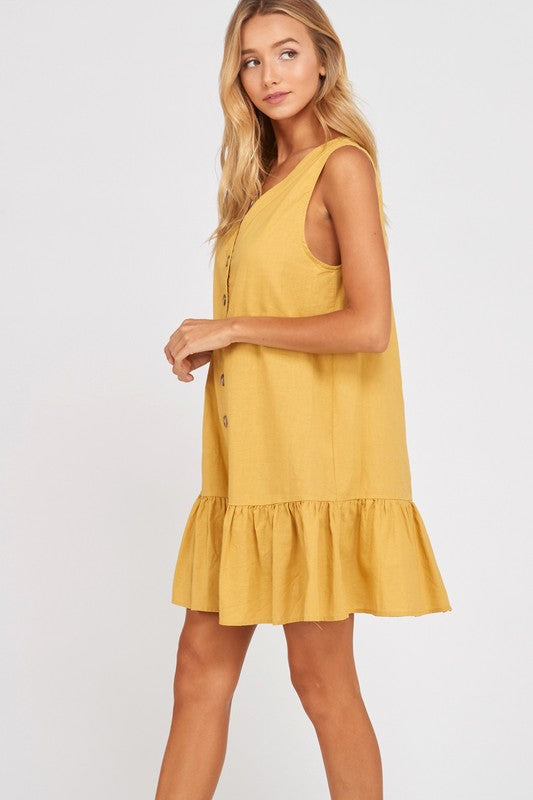 Sleeveless Buttoned Ruffle Hem Shift Dress in Mustard