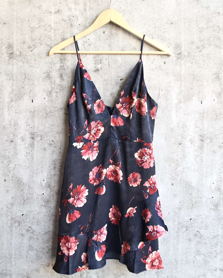 Cotton Candy LA - Floral Mini Dress with Asymmetrical Ruffle Hem in Navy