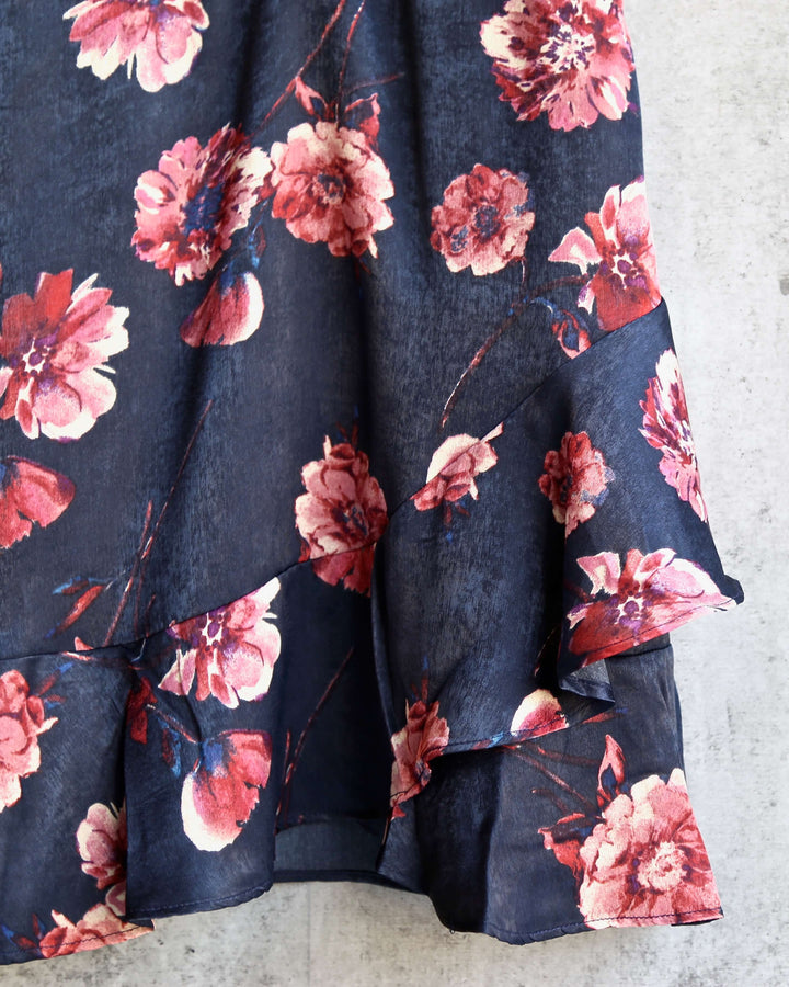 Cotton Candy LA - Floral Mini Dress with Asymmetrical Ruffle Hem in Navy