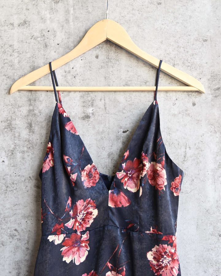 Cotton Candy LA - Floral Mini Dress with Asymmetrical Ruffle Hem in Navy