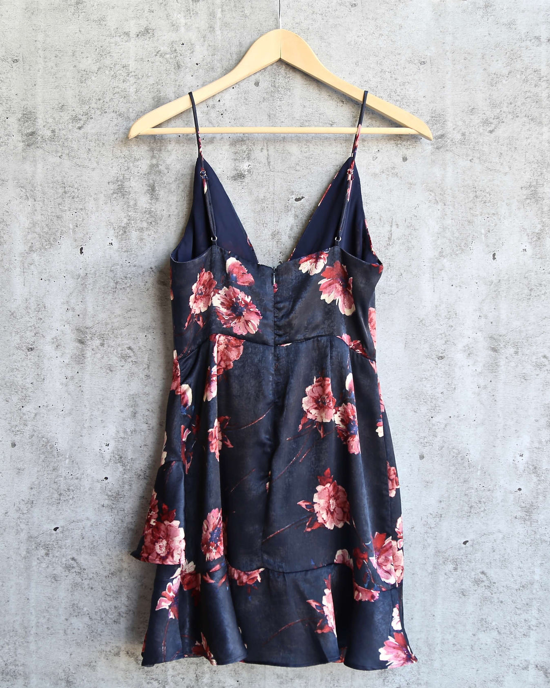 Cotton Candy LA - Floral Mini Dress with Asymmetrical Ruffle Hem in Navy