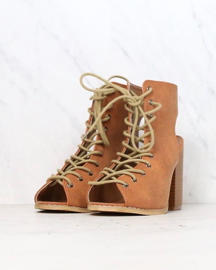 Minimalist Lace Up Peep Toe Heel in Camel