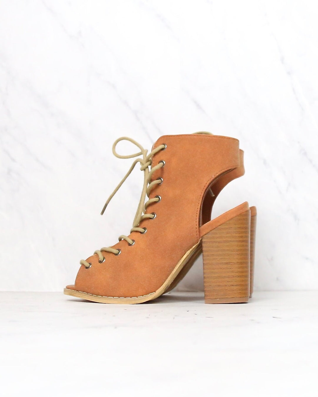 Minimalist Lace Up Peep Toe Heel in Camel