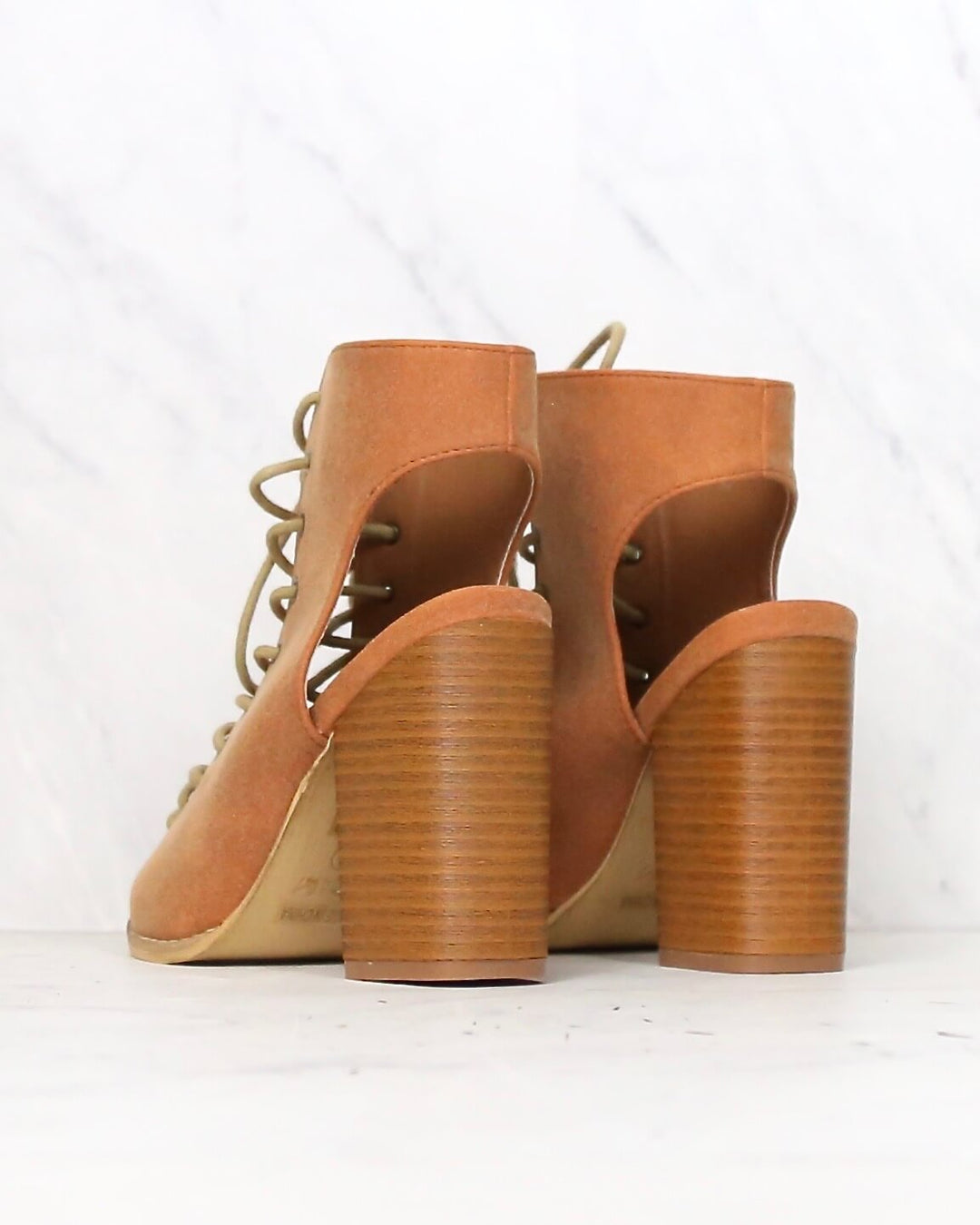 Minimalist Lace Up Peep Toe Heel in Camel