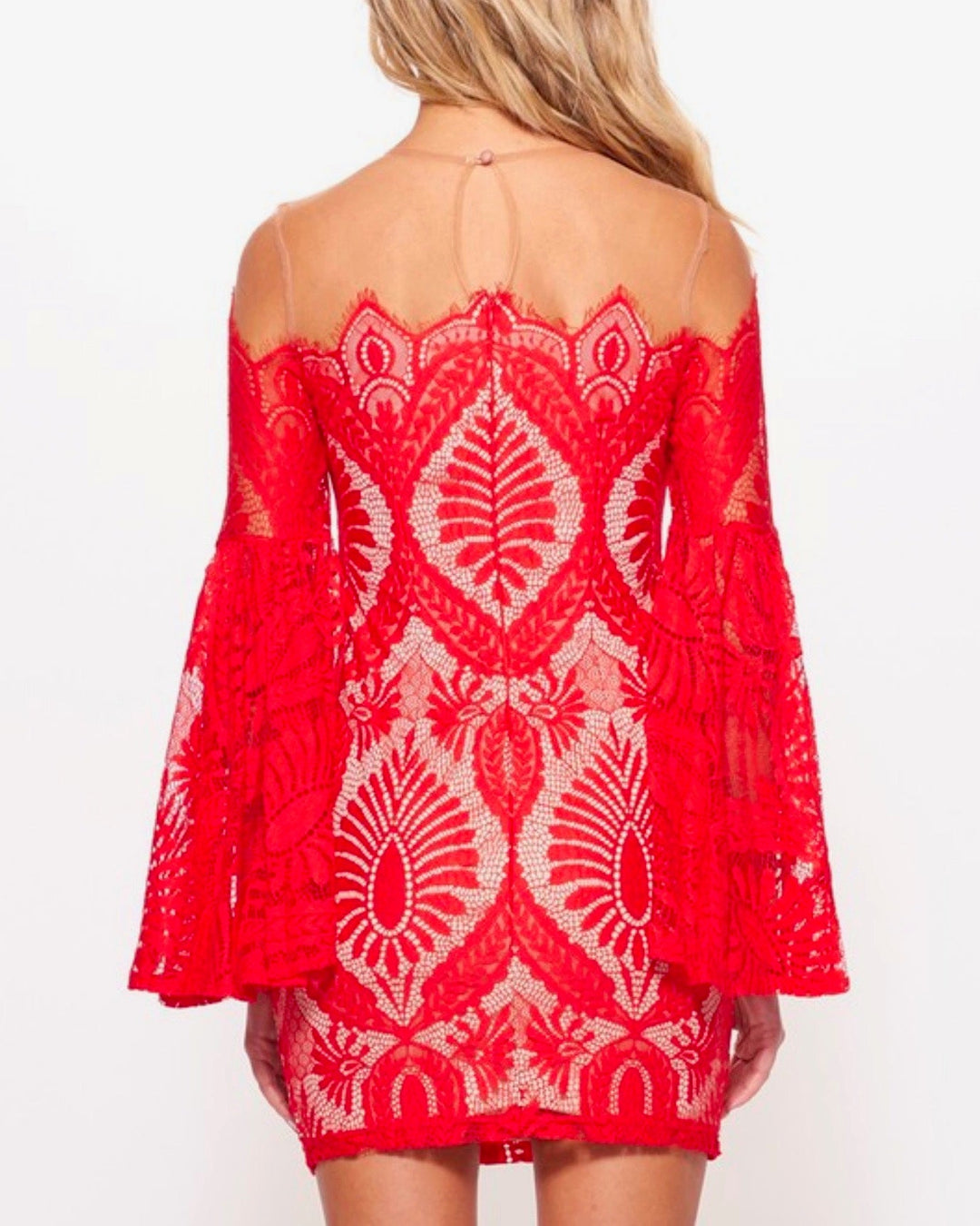 No Looking Back Bell Sleeved Lace Dress with Mesh Overlay in Red