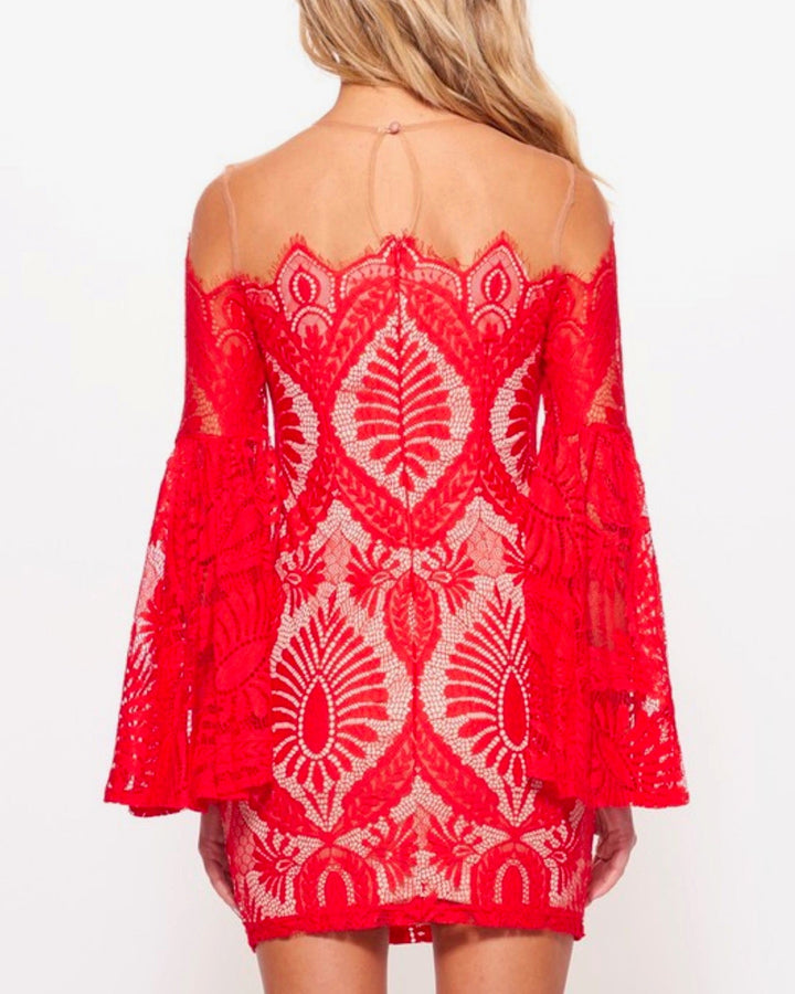 No Looking Back Bell Sleeved Lace Dress with Mesh Overlay in Red