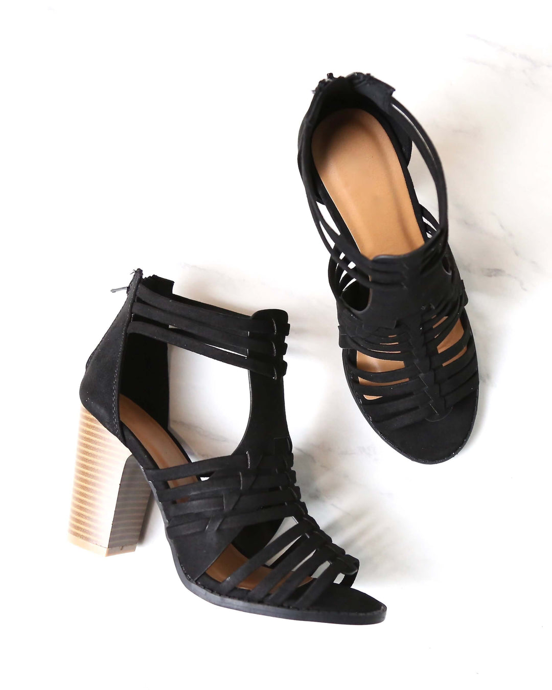 Nothing Breaks Like a Heart Cut Out Woven Ankle Strap Suede Peep Toe Booties in Black
