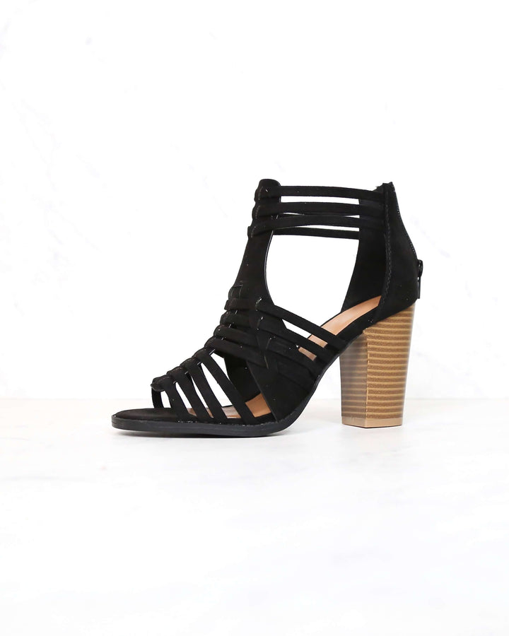 Nothing Breaks Like a Heart Cut Out Woven Ankle Strap Suede Peep Toe Booties in Black