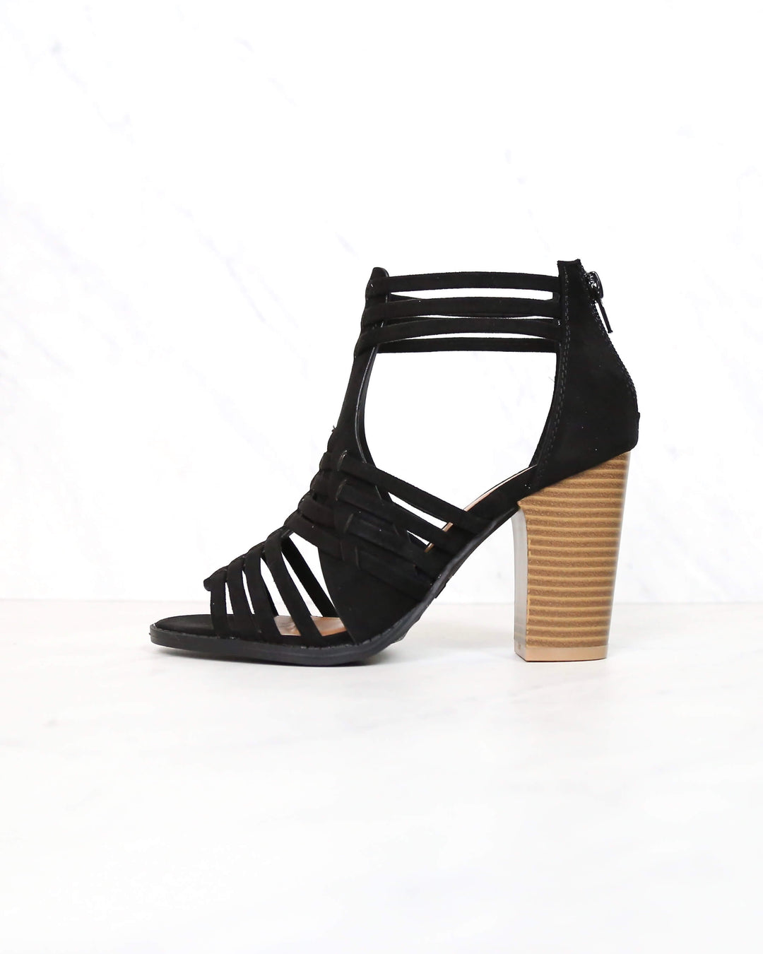 Nothing Breaks Like a Heart Cut Out Woven Ankle Strap Suede Peep Toe Booties in Black