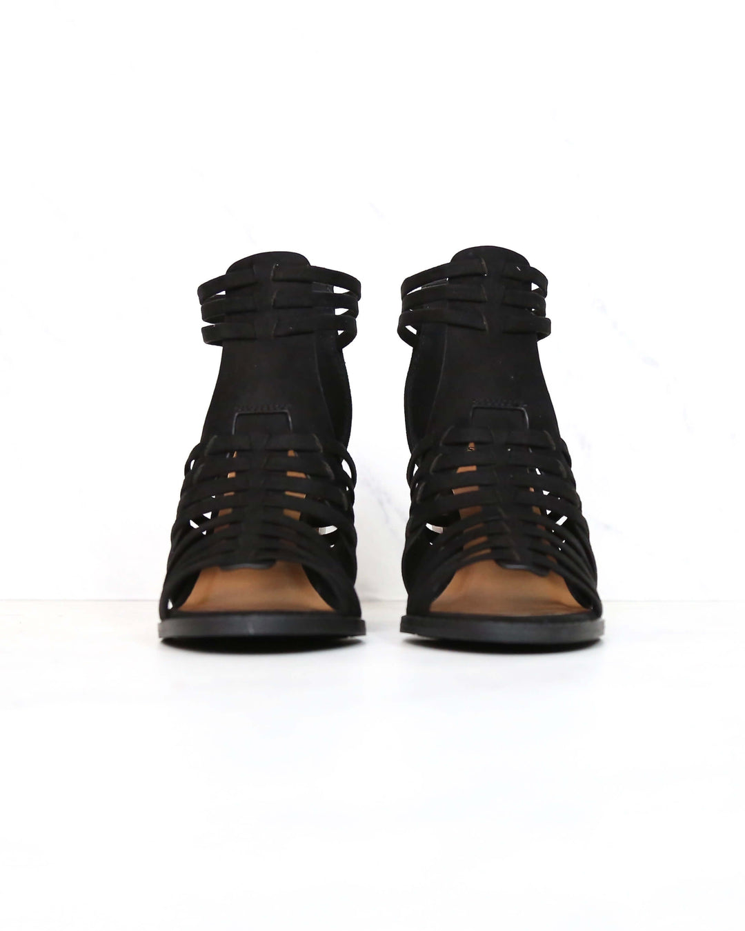 Nothing Breaks Like a Heart Cut Out Woven Ankle Strap Suede Peep Toe Booties in Black