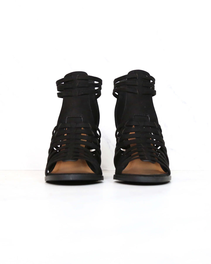 Nothing Breaks Like a Heart Cut Out Woven Ankle Strap Suede Peep Toe Booties in Black